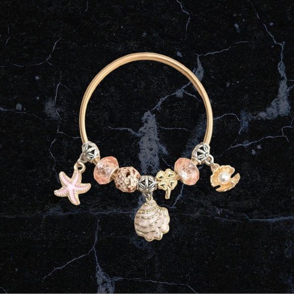Conch & Starfish Charm Bangle Bracelet - Picture 6 of 8